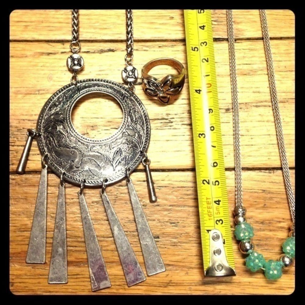Super long silver tone jewelry necklaces and ring​
